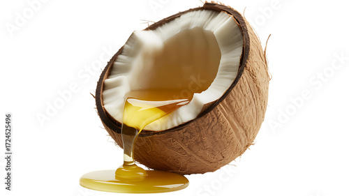 Fresh coconut halved revealing rich golden oil dripping and pooling illustration