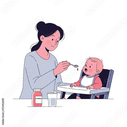 Mother feeding her baby with a spoon from a bottle of pureed food.