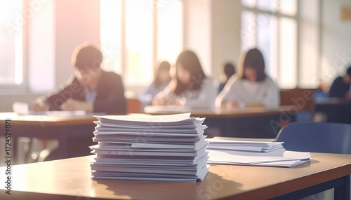 Exam answer sheet pile, blurry application document paperwork stack on office work table in examination room or classroom with blur education background school class university students taking test