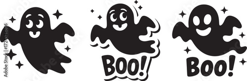 Cute Halloween Ghosts with Boo Text , pooky Cartoon Vector Illustration