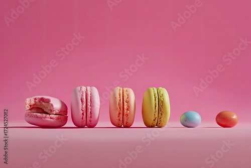 Colorful macarons and pastel candy egg on a pink background