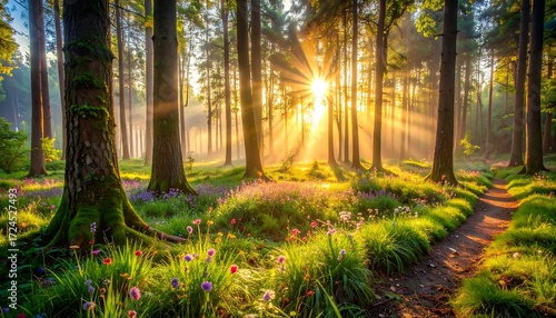 Fototapeta Naklejka Na Ścianę i Meble -  Sunrise in a vibrant forest