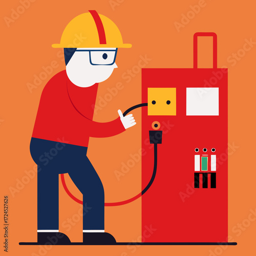 Man connecting cable to a red machine box on transparent background