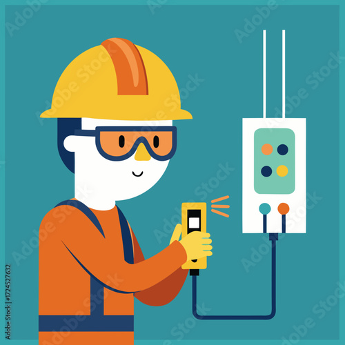 Worker inspecting electrical panel with tool on transparent background