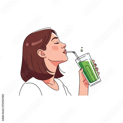 A young woman with short brown hair closes her eyes as she sips a green beverage from a tall glass with a straw.