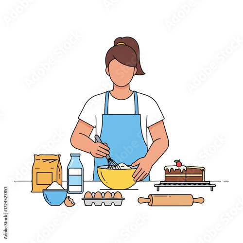 A woman mixes ingredients in a bowl, preparing a cake.  Flour, milk, eggs, and other baking supplies are visible on the table.