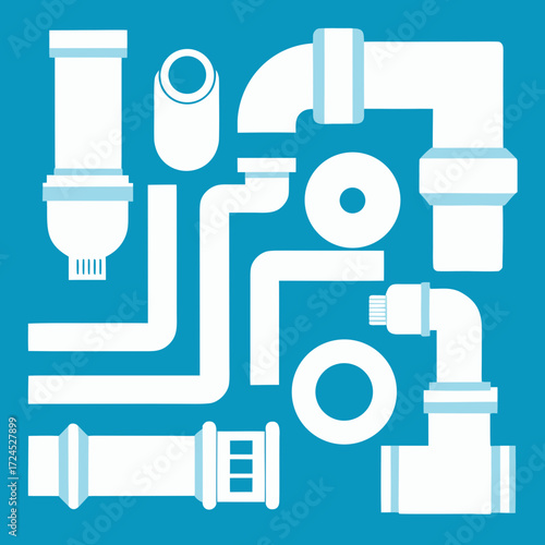 Illustration of assorted white pipes on blue on transparent background