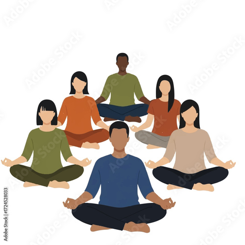 Group of diverse people meditating together in a peaceful setting.