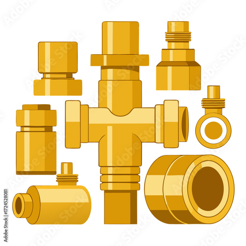 Illustration of various golden pipe fittings on transparent background