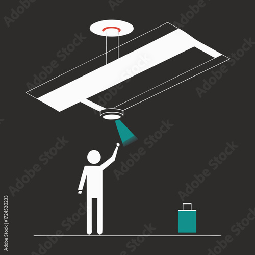 Person reaching for ceiling light fixture on transparent background