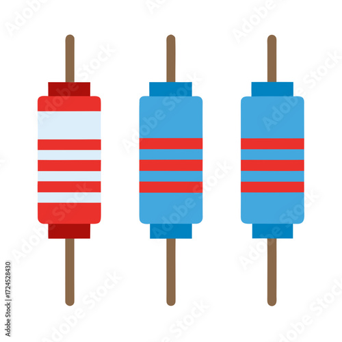 Three resistors with different color codes on transparent background
