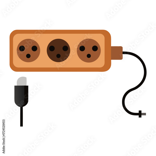 Extension cord with three sockets and plug on transparent background