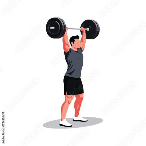 Vector illustration of a strong man performing an overhead press with a heavy barbell.