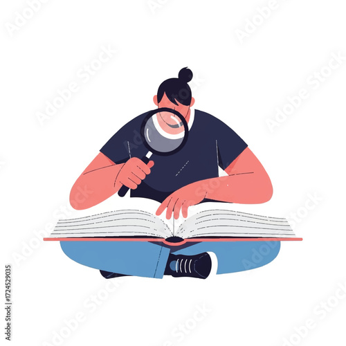 Woman sitting on floor reading a book with a magnifying glass.