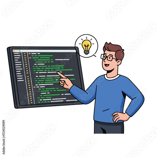 A programmer has an idea while looking at code on a large monitor.