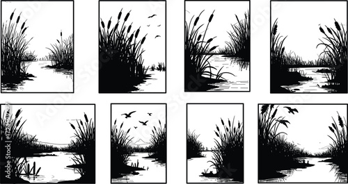 Wetland riverbank with reeds and plants silhouette, nature marsh scenery, pond reflection view, CAD drawing sketch style, flat black vector illustration artwork
