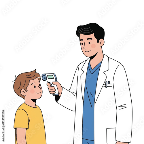 A doctor taking a child's temperature with a non-contact infrared thermometer, checking for fever.
