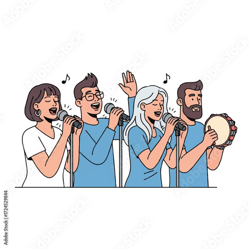 A diverse group of four young people joyfully singing together, holding microphones and playing a tambourine in a line art illustration.