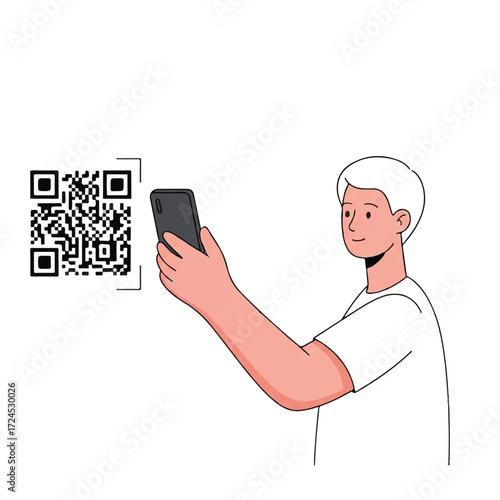 An illustration of a man scanning a QR code with his smartphone, depicting modern technology usage and digital interaction.
