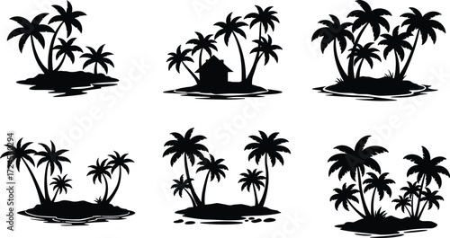 Tropical island landscape with palm trees and hut, beach silhouette illustration, black and white drawing, CAD sketch style, vector minimal flat design