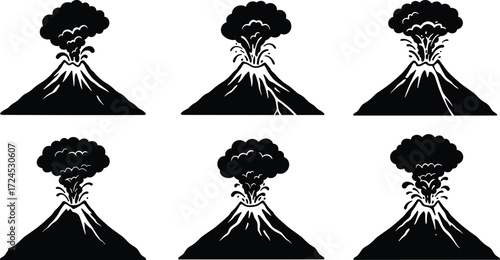 Volcano eruption illustration with smoke and lava, explosive mountain landscape, black and white silhouette drawing, CAD sketch style, vector minimal flat design