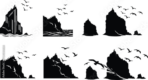 Sea cliff landscape with flying birds, rocky coastal formation illustration, black and white silhouette drawing, CAD sketch style, vector minimal flat design