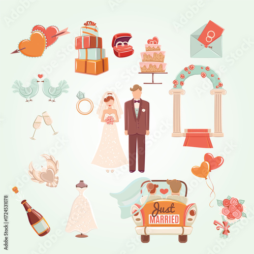 Cute Cartoon Wedding Element Collection with Couple, Car and Decoration