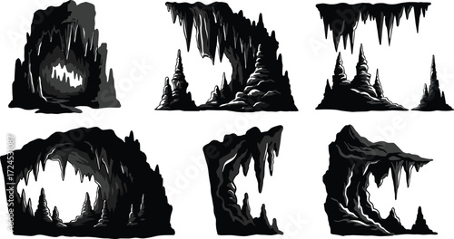 Cave interior illustration with stalactites and stalagmites, dark cavern rock formation, black and white line art, CAD drawing sketch, vector minimal flat design