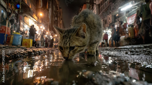 Fototapeta Naklejka Na Ścianę i Meble -  Feline drinking from puddle on busy street at night surrounded by city lights and blurred silhouettes of people walking by.
