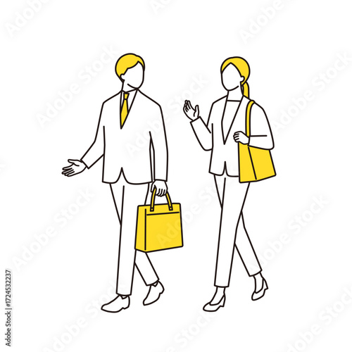 通勤中に会話をしているビジネスパーソンの線画イラスト