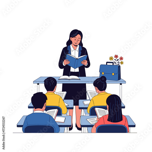 A dedicated teacher guides attentive students through a lesson in a classroom setting.