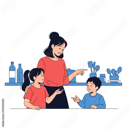 A mother teaches her two children about household chores and responsibilities.