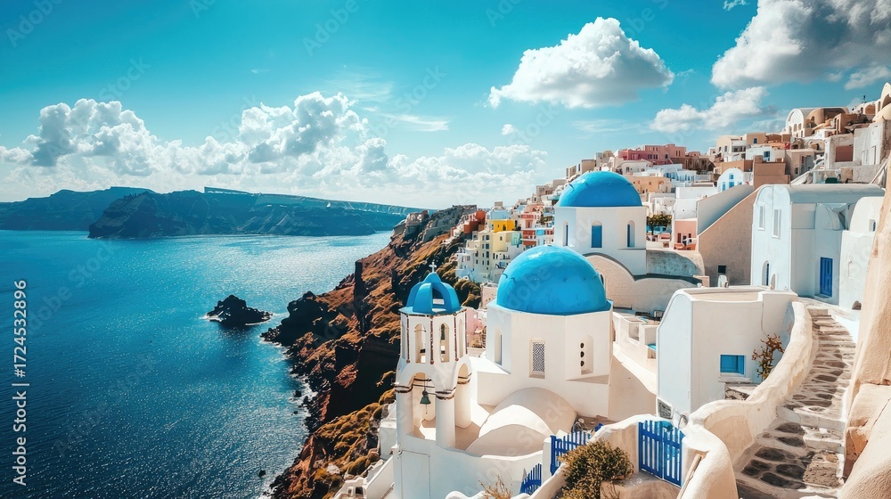Obraz premium Scenic Greek Island Cliffside Village with Blue Domes and Whitewashed Houses by the Sea