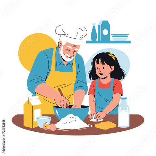 A grandfather and granddaughter happily baking together in the kitchen creating sweet memories.