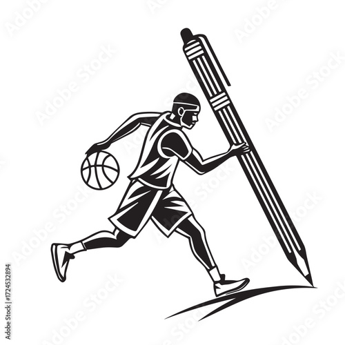 Illustration of a basketball player dribbling a ball while leaning against a giant pen, isolated on white background, showcasing the concept of sports writing and athletic journalism