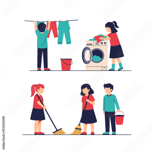 Children help with household chores like laundry and cleaning the floor.