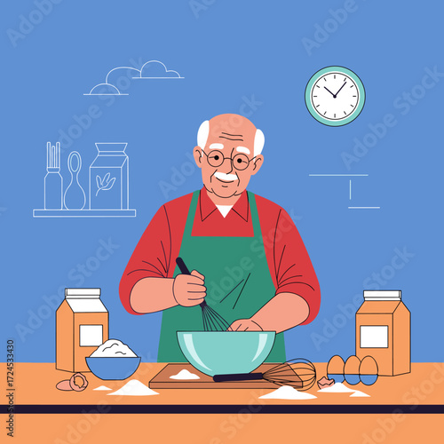 An elderly gentleman is enthusiastically whisking ingredients in a bowl while preparing a baked good.