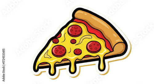 Cartoon flat vector illustration of a pizza slice with melting cheese and pepperoni toppings, bold outlines, vibrant colors, playful sticker style