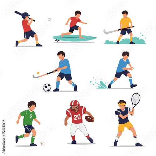 Collection of diverse athletic activities performed by young boys participating in various sports and recreational pursuits.