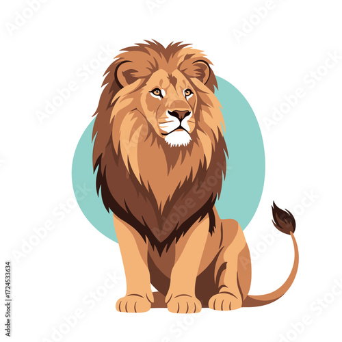 Majestic lion with flowing mane sits regally on a white background with a soft blue circle behind it.