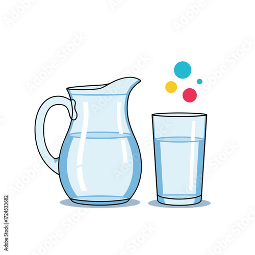 A pitcher of water beside a glass of water with colorful bubbles above.