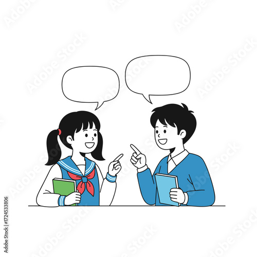 Two students engaged in a lively conversation while holding books in a classroom setting.