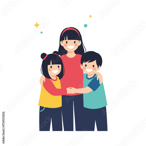 A mother hugs her two children happily celebrating a special occasion.