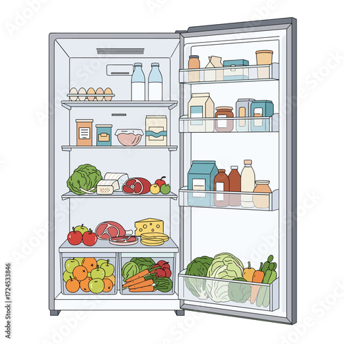 An open refrigerator filled with a variety of fresh foods and drinks ready for consumption.