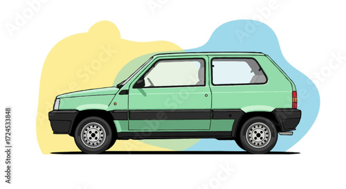 Flat vector side view of Fiat Panda 1980s model, painted in mint green with black bumpers