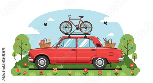 Flat vector design of a vintage red sedan with picnic baskets and a bicycle tied to the roof rack, parked in a sunny park. Background with green grass, flowers, and birds