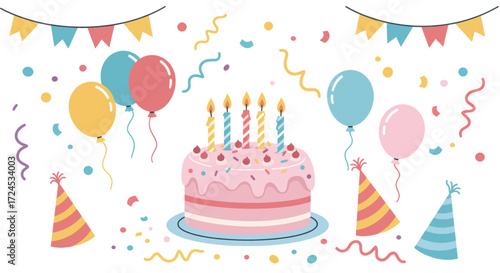 Happy birthday cake with balloons, confetti, and party hats, vector illustration celebrating a special occasion