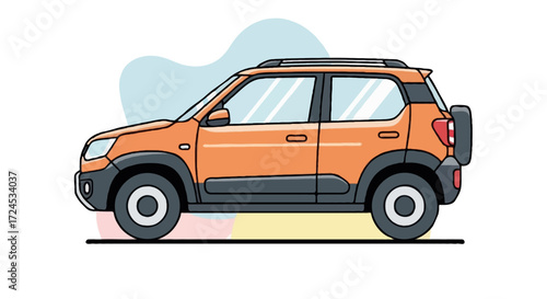 Vector flat illustration of a small crossover SUV, two-tone orange and dark gray, thick outlines, minimal details, modern-retro flat style, side view, with pastel abstract shape in the background