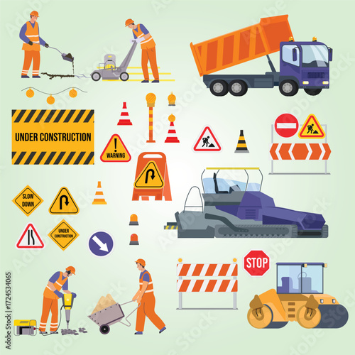 Flat Design Roadworks and Construction Signage with Working Vehicle Illustration
