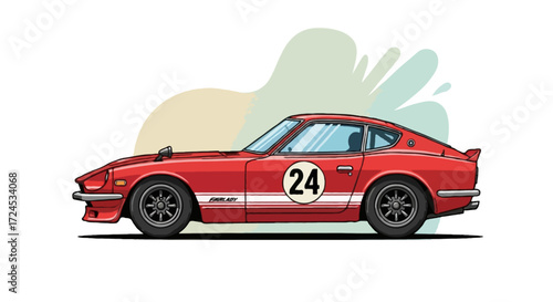 Vector artwork of Nissan Fairlady Z classic race car, side profile, red and white racing livery with number decal